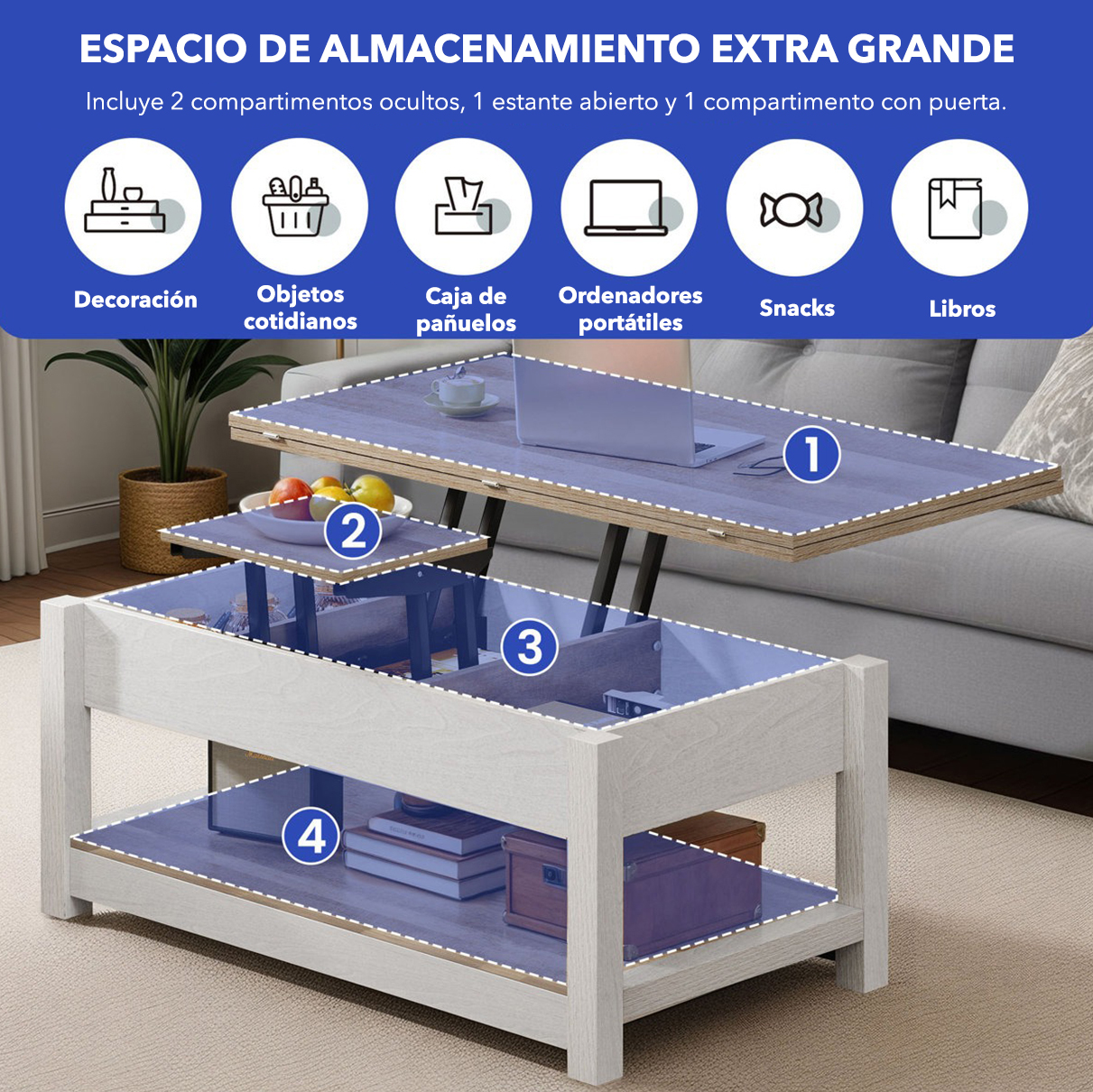 Espacio de almacenamiento extra grande con compartimentos ocultos