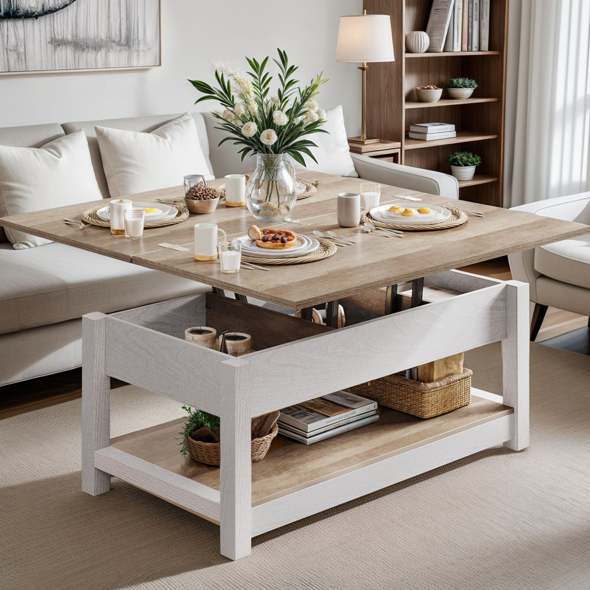 Mesa de centro elevable blanco roble abierta en un salón